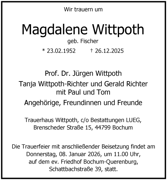 Traueranzeige von Magdalene Wittpoth von Tageszeitung