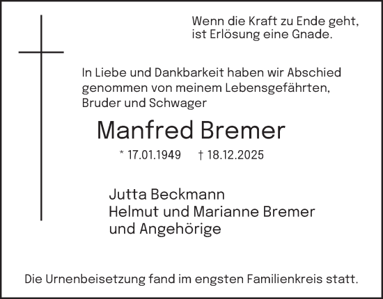 Traueranzeige von Manfred Bremer von Tageszeitung