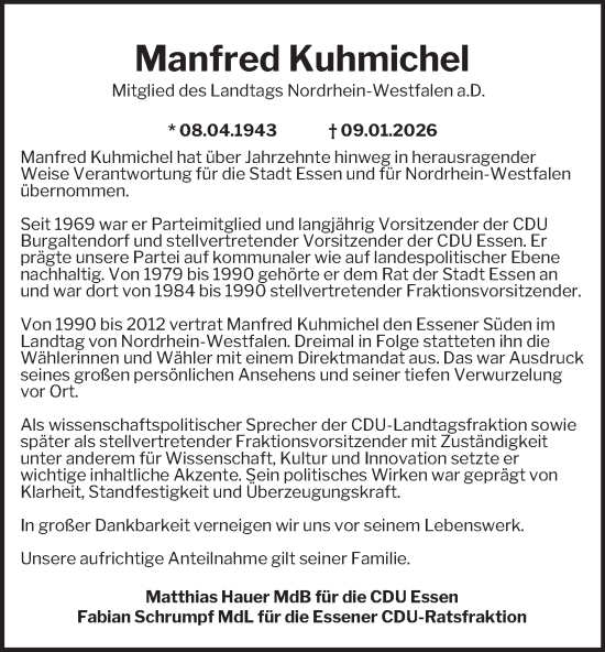 Traueranzeige von Manfred Kuhmichel von Tageszeitung