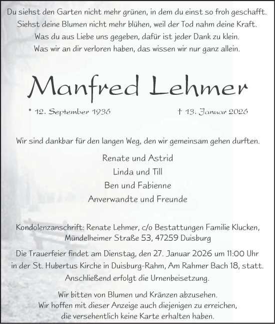 Traueranzeige von Manfred Lehmer von Tageszeitung