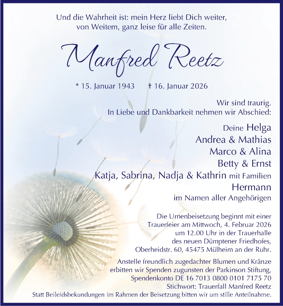  Traueranzeige für Manfred Reetz vom 31.01.2026 aus Tageszeitung