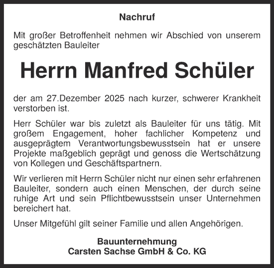Traueranzeige von Manfred Schüler von Tageszeitung