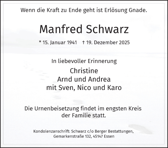 Traueranzeige von Manfred Schwarz von Tageszeitung