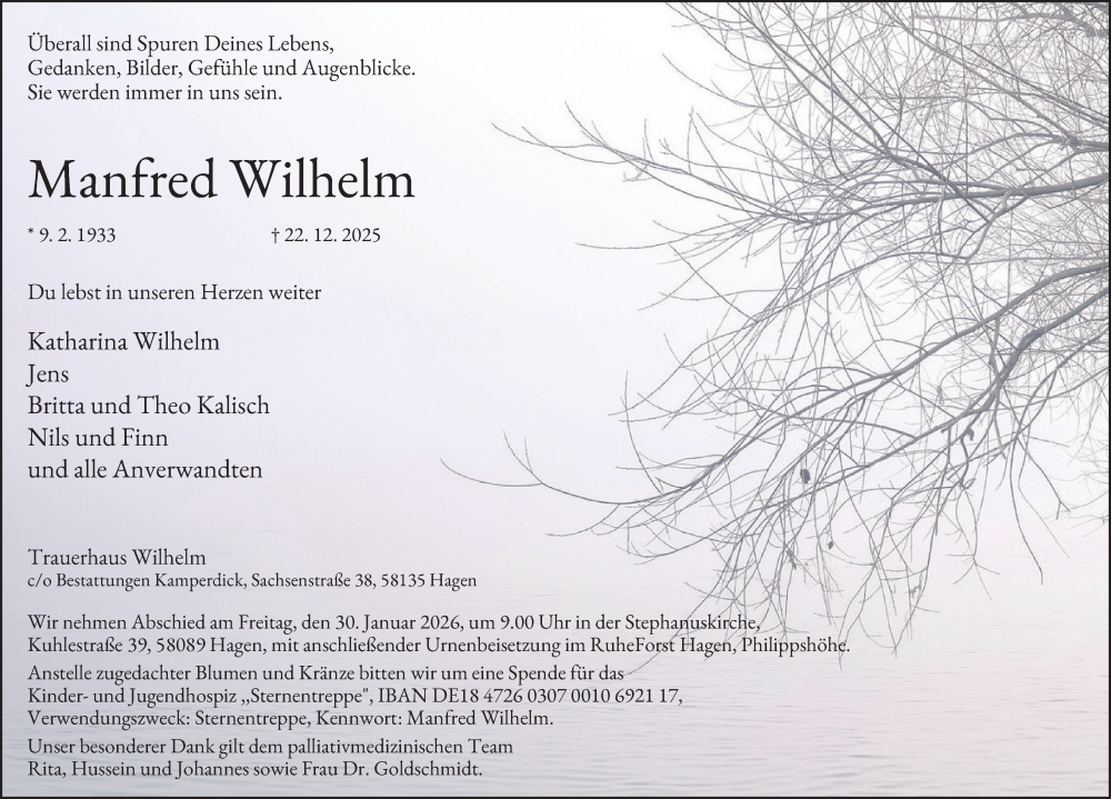  Traueranzeige für Manfred Wilhelm vom 24.01.2026 aus Tageszeitung