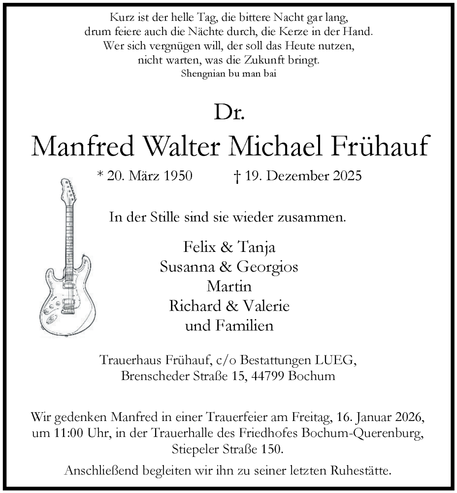  Traueranzeige für Manfred Walter Michael Frühauf vom 10.01.2026 aus Tageszeitung