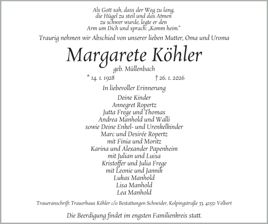 Traueranzeige von Margarete Köhler von Tageszeitung