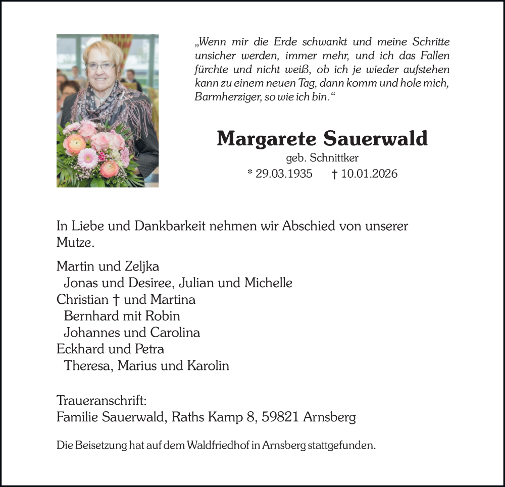  Traueranzeige für Margarete Sauerwald vom 17.01.2026 aus Tageszeitung