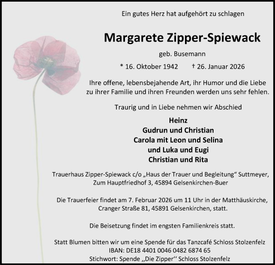 Traueranzeige von Margarete Zipper-Spiewack von Tageszeitung