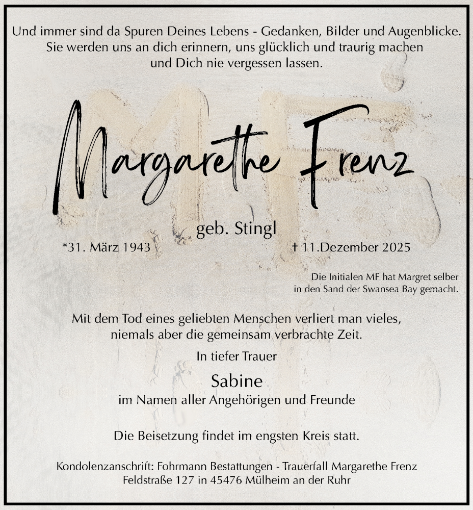  Traueranzeige für Margarethe Frenz vom 03.01.2026 aus Tageszeitung
