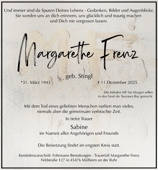 Traueranzeige von Margarethe Frenz von Tageszeitung