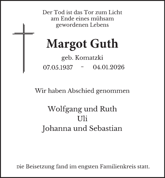 Traueranzeige von Margot Guth von Tageszeitung