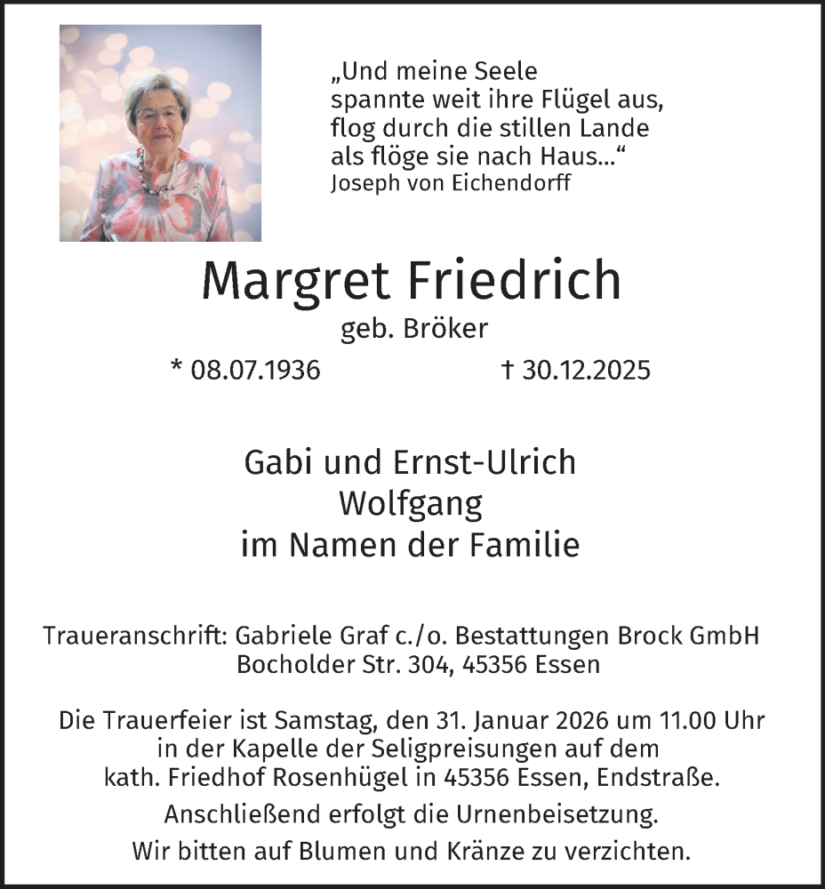  Traueranzeige für Margret Friedrich vom 24.01.2026 aus Tageszeitung