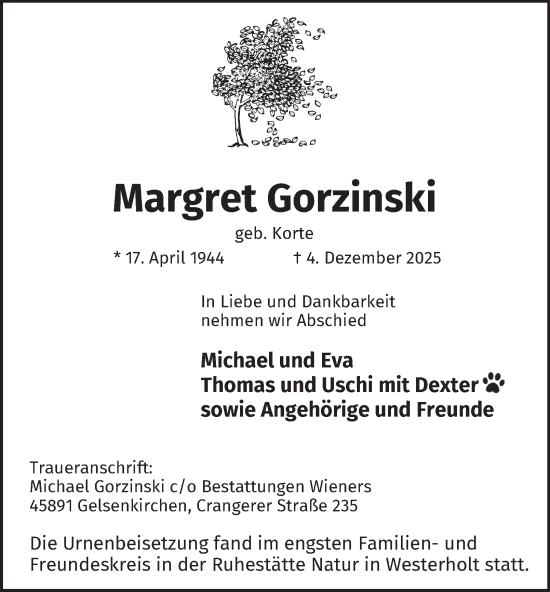 Traueranzeige von Margret Gorzinski von Tageszeitung
