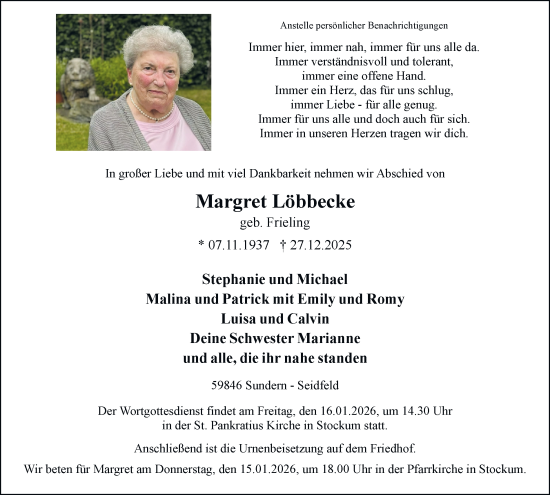 Traueranzeige von Margret Löbbecke von Tageszeitung