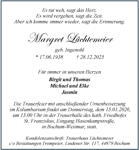 Traueranzeige von Margret Lüchtemeier von Tageszeitung