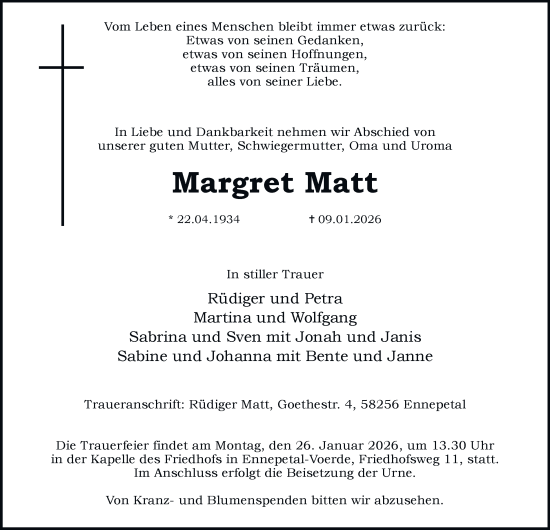 Traueranzeige von Margret Matt von Tageszeitung