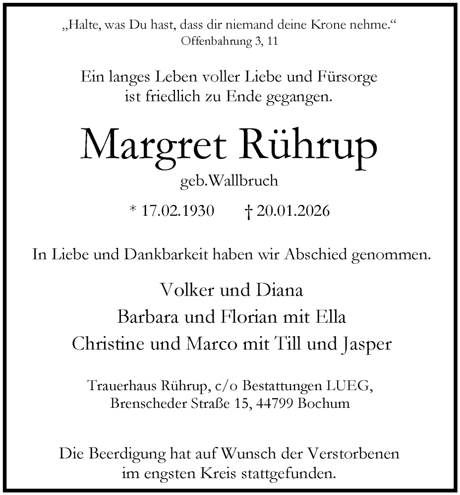  Traueranzeige für Margret Rührup vom 31.01.2026 aus Tageszeitung