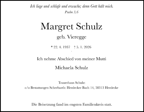 Traueranzeige von Margret Schulz von Tageszeitung