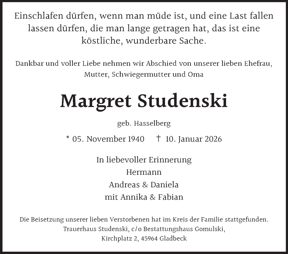  Traueranzeige für Margret Studenski vom 31.01.2026 aus Tageszeitung