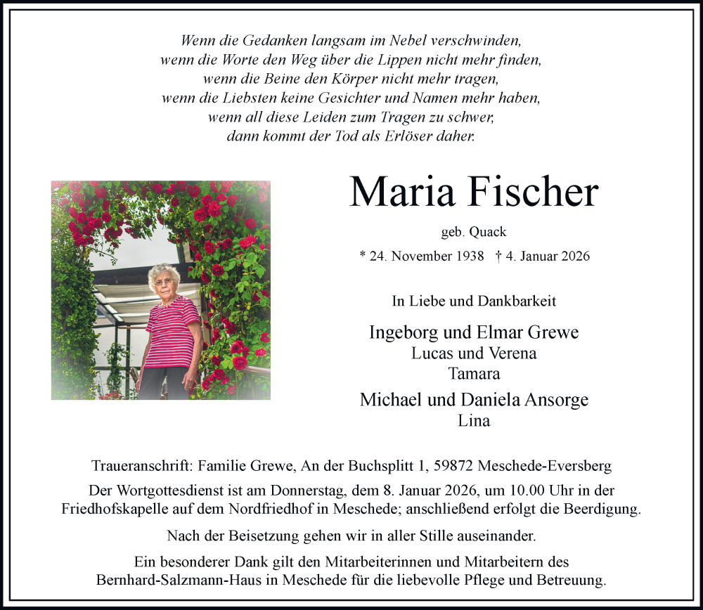  Traueranzeige für Maria Fischer vom 07.01.2026 aus Tageszeitung