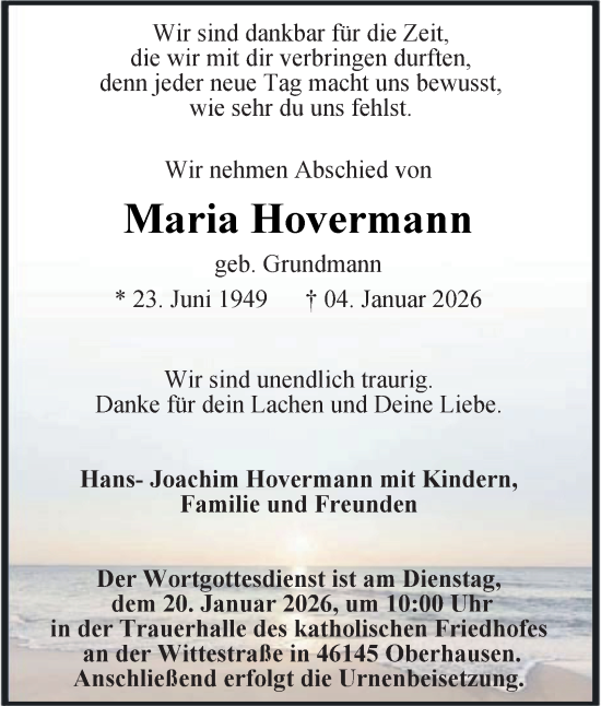 Traueranzeige von Maria Hovermann von Tageszeitung