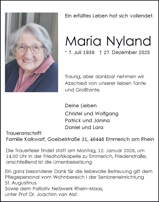 Traueranzeige von Maria Nyland von Tageszeitung