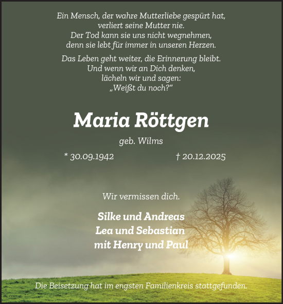Traueranzeige von Maria Röttgen von Tageszeitung