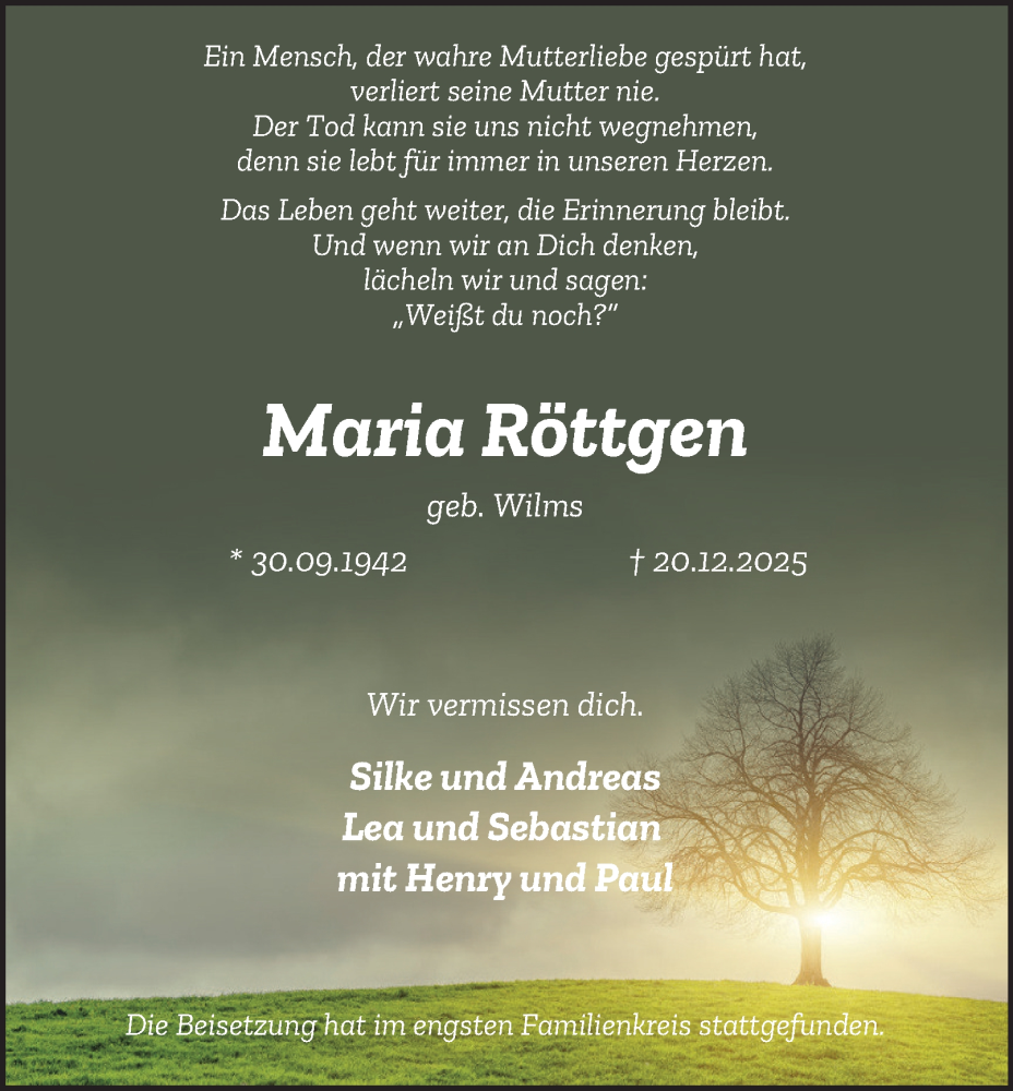  Traueranzeige für Maria Röttgen vom 10.01.2026 aus Tageszeitung