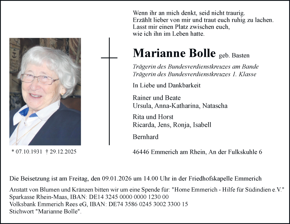  Traueranzeige für Marianne Bolle vom 07.01.2026 aus Tageszeitung