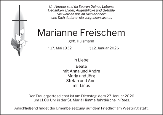 Traueranzeige von Marianne Freischem von Tageszeitung