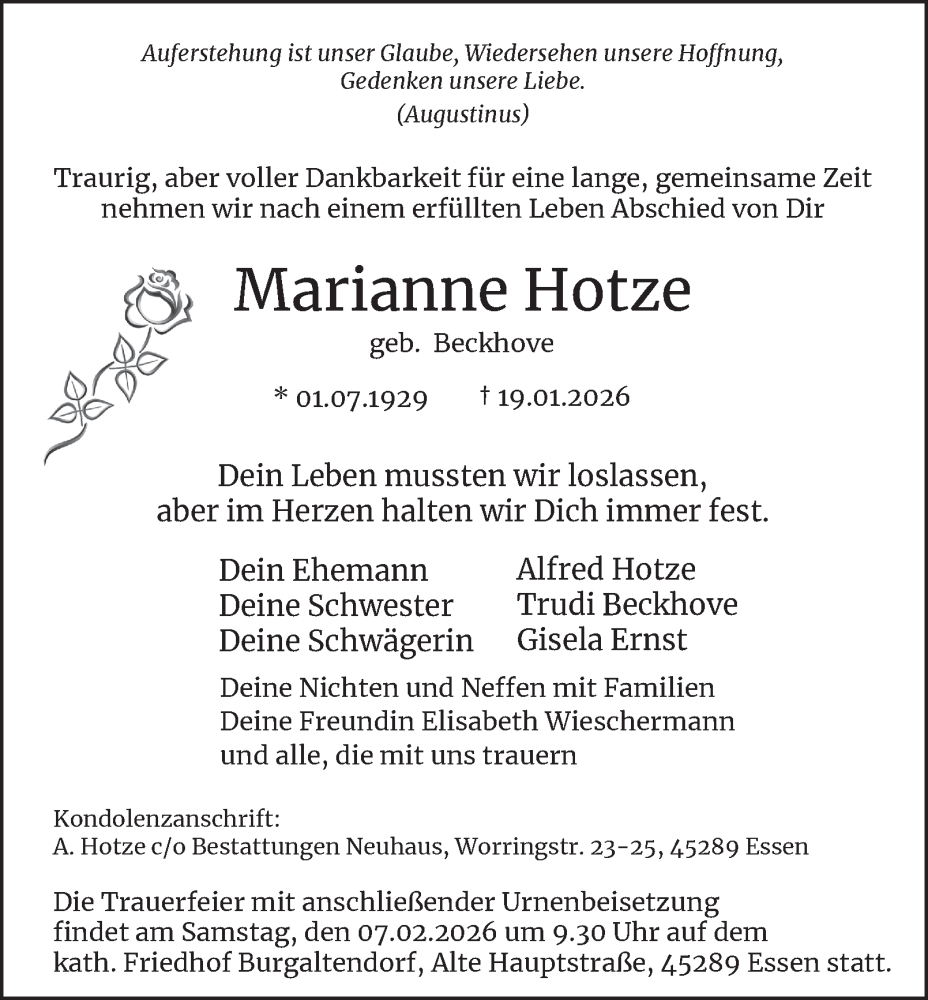  Traueranzeige für Marianne Hotze vom 31.01.2026 aus Tageszeitung