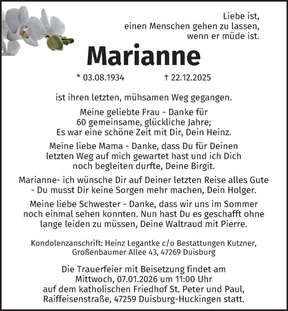  Traueranzeige für Marianne Legantke vom 03.01.2026 aus Tageszeitung