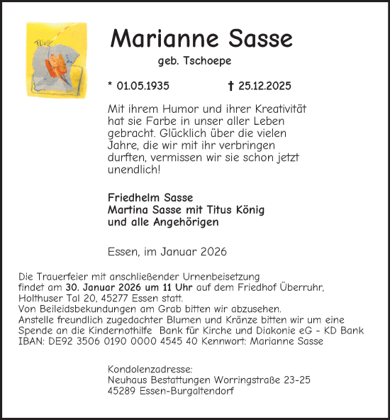 Traueranzeige von Marianne Sasse von Tageszeitung
