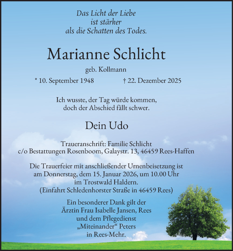  Traueranzeige für Marianne Schlicht vom 10.01.2026 aus Tageszeitung
