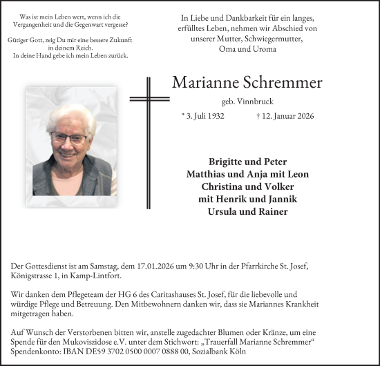 Traueranzeige von Marianne Schremmer von Tageszeitung