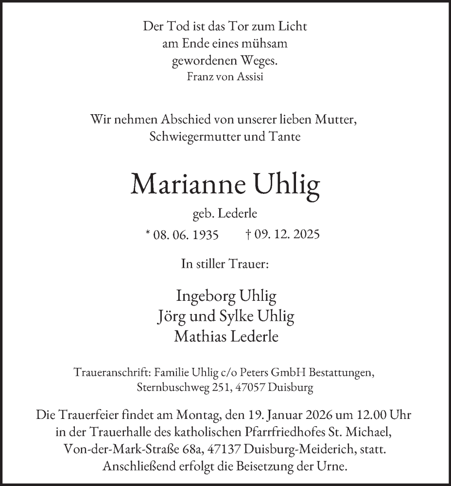  Traueranzeige für Marianne Uhlig vom 10.01.2026 aus Tageszeitung