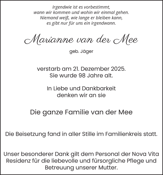 Traueranzeige von Marianne van der Mee von Tageszeitung