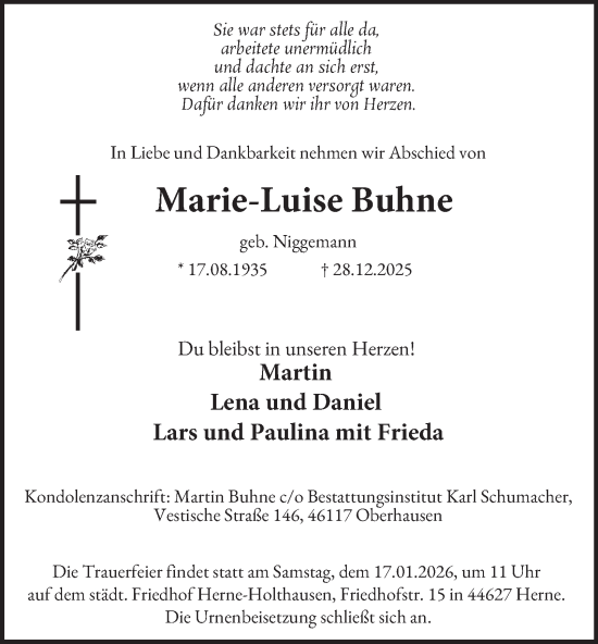 Traueranzeige von Marie-Luise Buhne von Tageszeitung