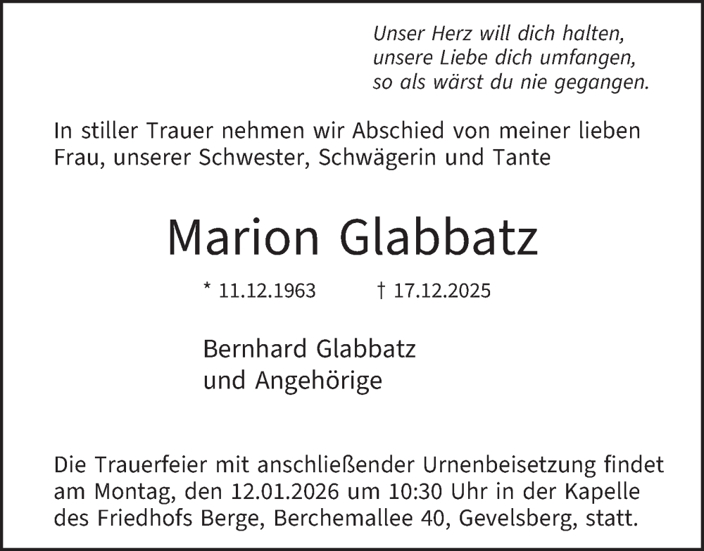  Traueranzeige für Marion Glabbatz vom 03.01.2026 aus Tageszeitung