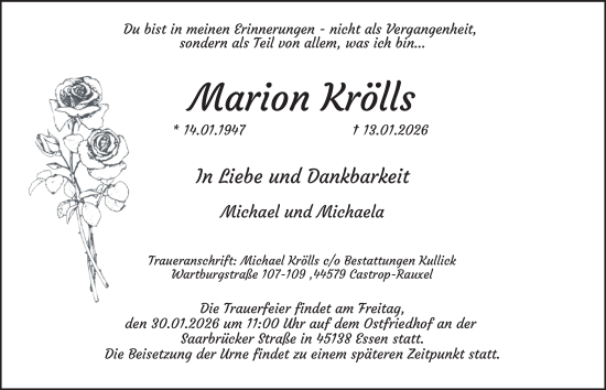 Traueranzeige von Marion Krölls von Tageszeitung