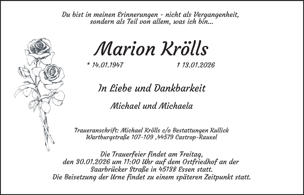  Traueranzeige für Marion Krölls vom 21.01.2026 aus Tageszeitung
