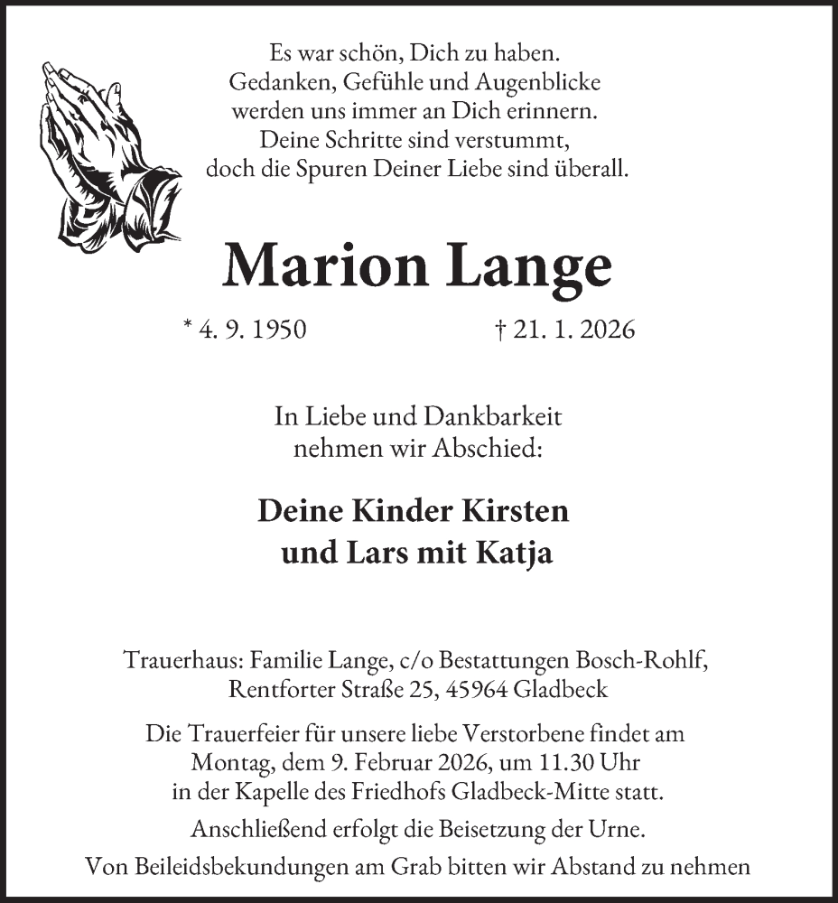  Traueranzeige für Marion Lange vom 31.01.2026 aus Tageszeitung