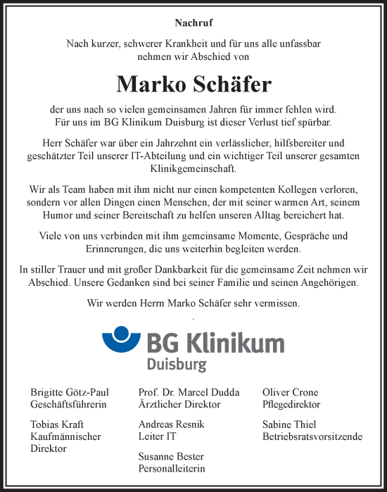 Traueranzeige von Marko Schäfer von Tageszeitung