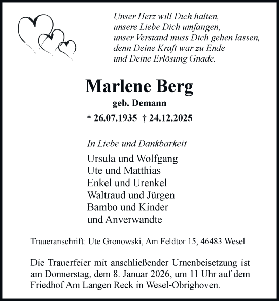 Traueranzeige von Marlene Berg von Tageszeitung