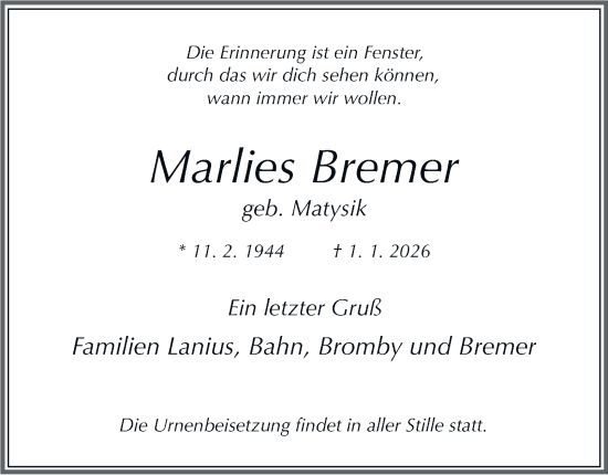 Traueranzeige von Marlies Bremer von Tageszeitung