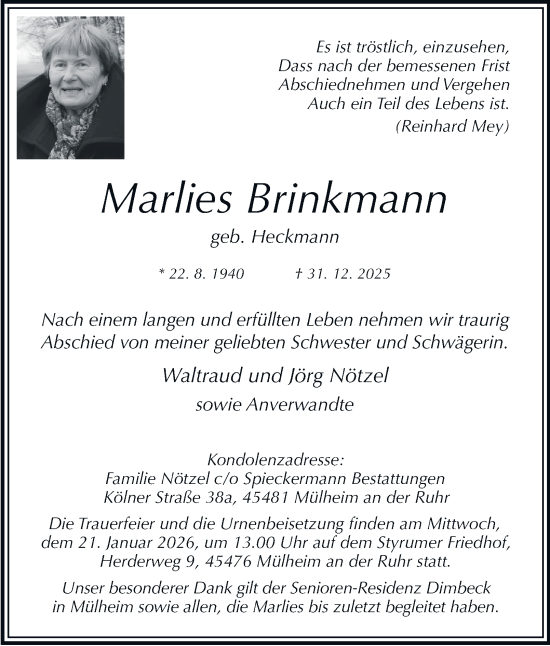 Traueranzeige von Marlies Brinkmann von Tageszeitung