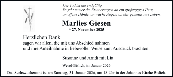 Traueranzeige von Marlies Giesen von Tageszeitung