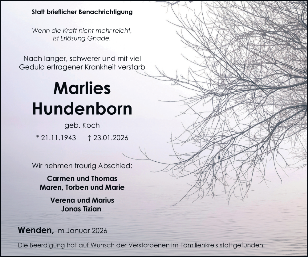  Traueranzeige für Marlies Hundenborn vom 31.01.2026 aus Tageszeitung
