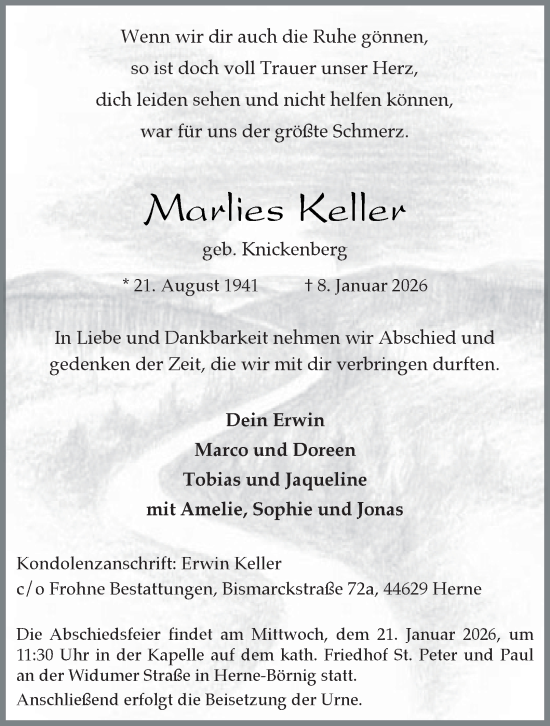 Traueranzeige von Marlies Keller von Tageszeitung