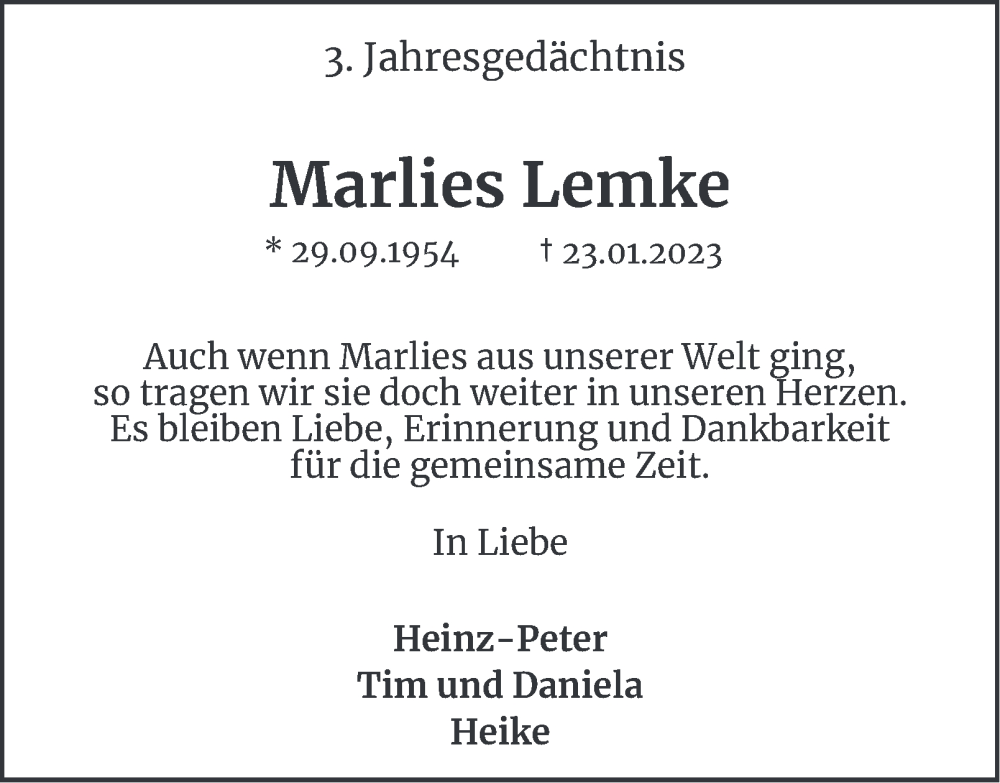  Traueranzeige für Marlies Lemke vom 23.01.2026 aus Tageszeitung